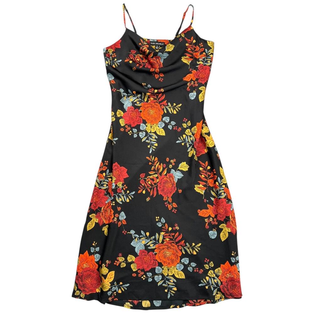 Sara Michelle Black Floral Cowl Neck Slip Dress Strappy A Line - S